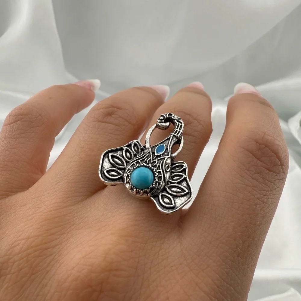 Boho Silver Elephant Ring with Blue Accents